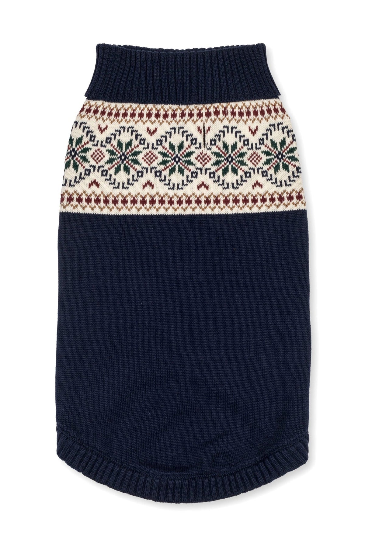 Navy dog sweater featuring a Fair Isle pattern in cream, green, and burgundy. Made from soft, organic cotton for comfort.