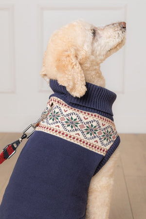 A fluffy dog wearing a navy Fair Isle-patterned sweater stands beside a leash, showcasing its cozy, organic cotton design.