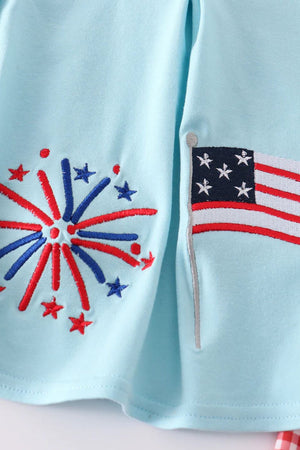 Luna's Blue Patriotic Flag Embroidered Girl - 2 Piece Set