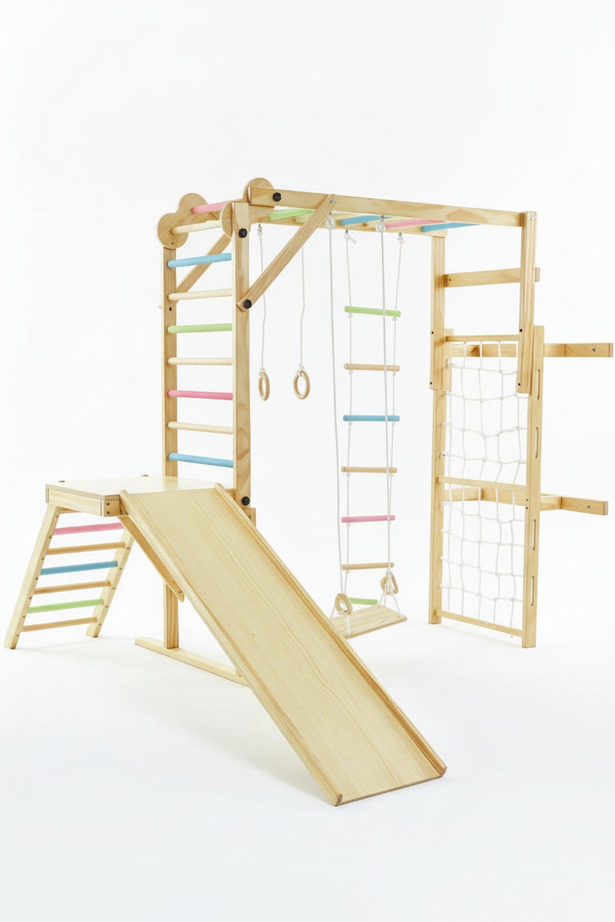 A wooden indoor jungle gym playset features colorful bars, a slide, climbing ropes, and rings, designed for childrens play. Its eco-friendly construction provides a safe, engaging environment for active play.