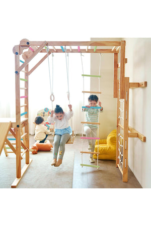 Two children play on a wooden jungle gym featuring swings and a rope ladder. The indoor setting includes colorful accents, promoting active play in a safe, eco-friendly environment.