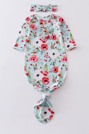 Abby's red floral bamboo baby gown bow set - baby essentials