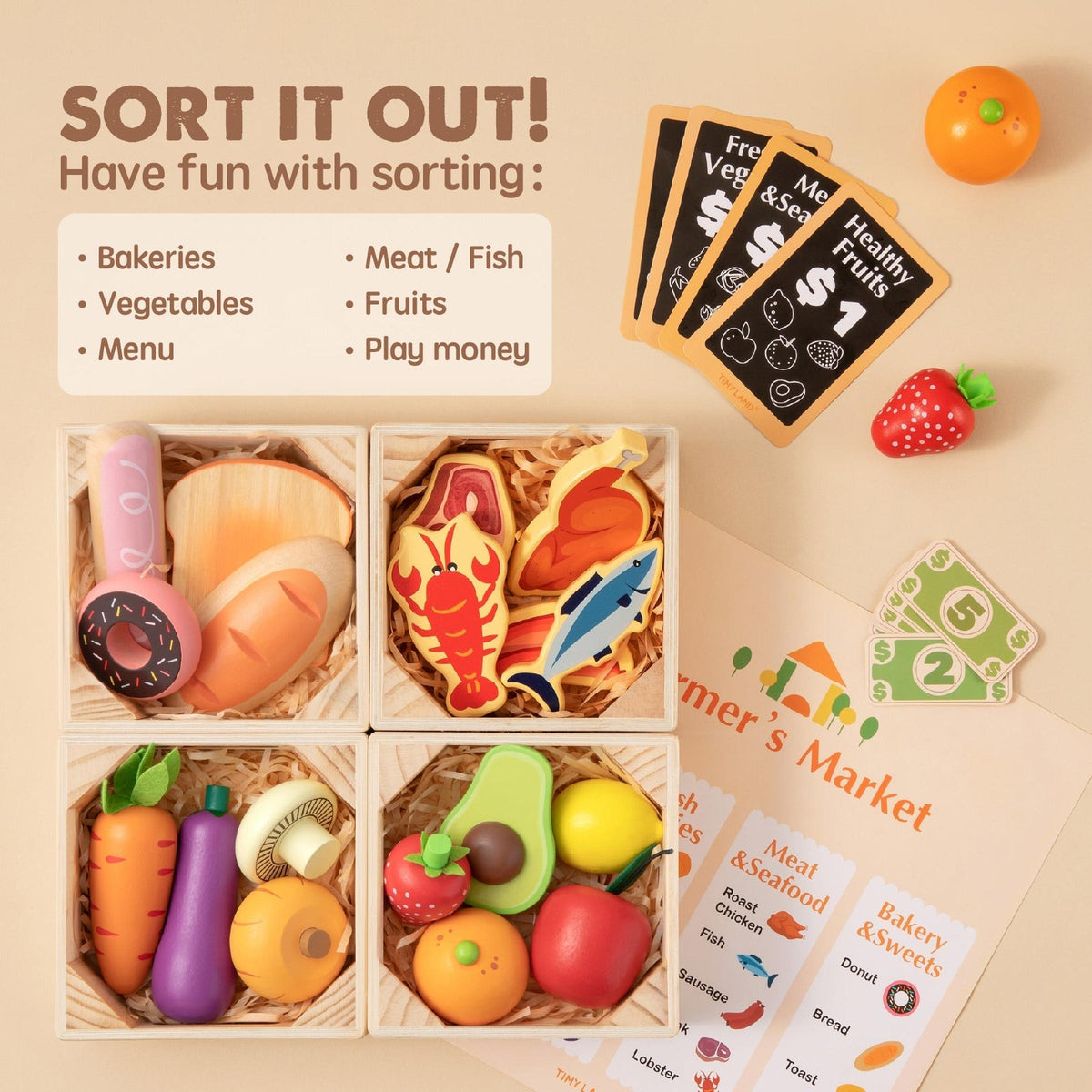 Colorful wooden food pieces arranged in four small baskets, featuring seafood, vegetables, and fruits, alongside play money and sorting cards. Ideal for imaginative play and learning about food groups.
