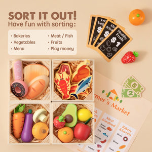 Colorful wooden food pieces arranged in four small baskets, featuring seafood, vegetables, and fruits, alongside play money and sorting cards. Ideal for imaginative play and learning about food groups.