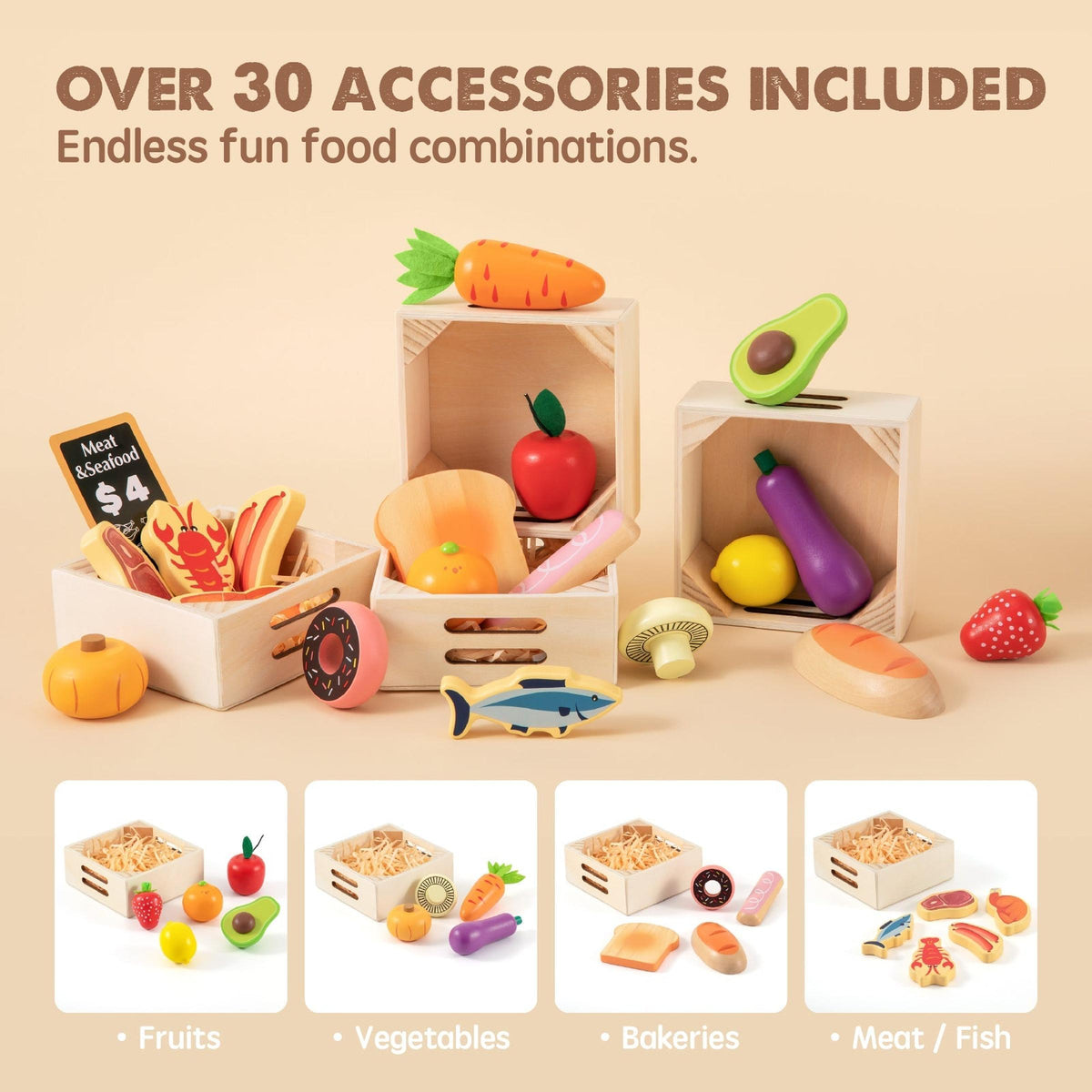 A colorful assortment of over 30 wooden food accessories is displayed in natural wooden crates, featuring fruits, vegetables, and baked goods, perfect for imaginative play in childrens kitchens.