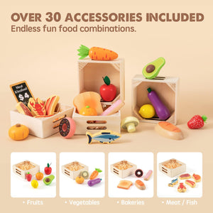 A colorful assortment of over 30 wooden food accessories is displayed in natural wooden crates, featuring fruits, vegetables, and baked goods, perfect for imaginative play in childrens kitchens.
