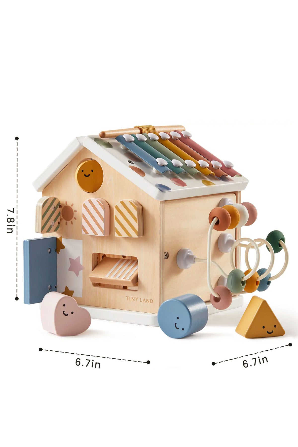 A colorful wooden activity cube from Tiny Land features various shapes, a xylophone, and interactive elements for toddlers.