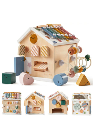 A colorful wooden activity cube by Tiny Land features playful shapes, a bead maze, and various interactive elements. Designed for toddlers, it encourages hands-on learning and early development skills.