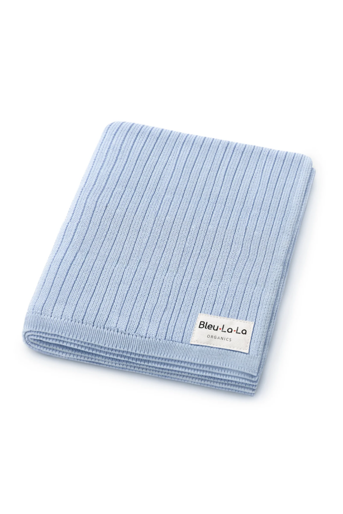Light blue ribbed knit blanket with a Bleu-La-La Organics label, made from organic cotton.