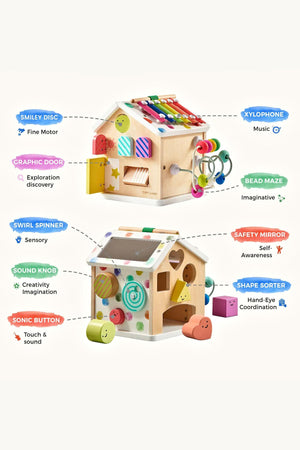 A colorful wooden activity cube featuring various interactive elements, including a xylophone, bead maze, and shape sorter for toddlers.