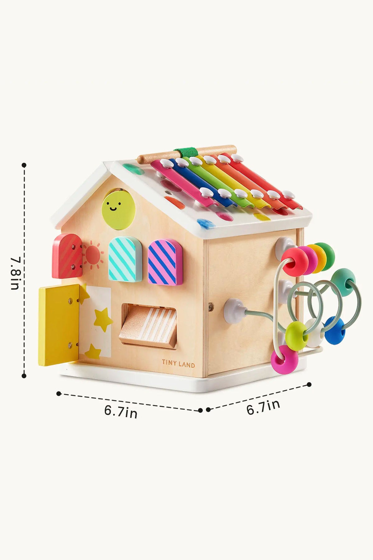 A colorful wooden activity cube from Tiny Land features various interactive elements, designed for toddlers aged 12 months and up.