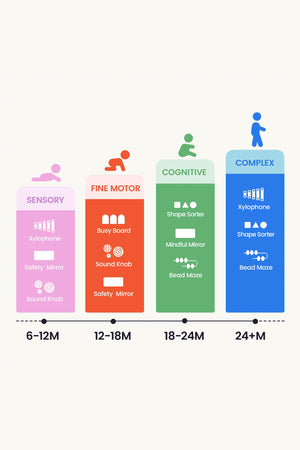 Infographic illustrating developmental milestones for toddlers, categorized by age range from 6 to 24 months. Each section highlights activities like xylophone, shape sorter, and bead maze for skill development.