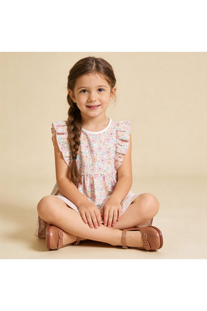 A young girl sits cross-legged on a neutral background, wearing a floral flutter dress with ruffled sleeves. Her brown shoes complement the playful design, showcasing a joyful, organic cotton outfit.