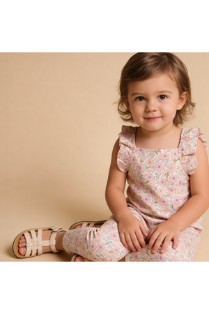 A toddler smiles while wearing a soft, floral-patterned romper with delicate flutter sleeves. The outfit is made of organic cotton, perfect for warm days and comfortable movement.