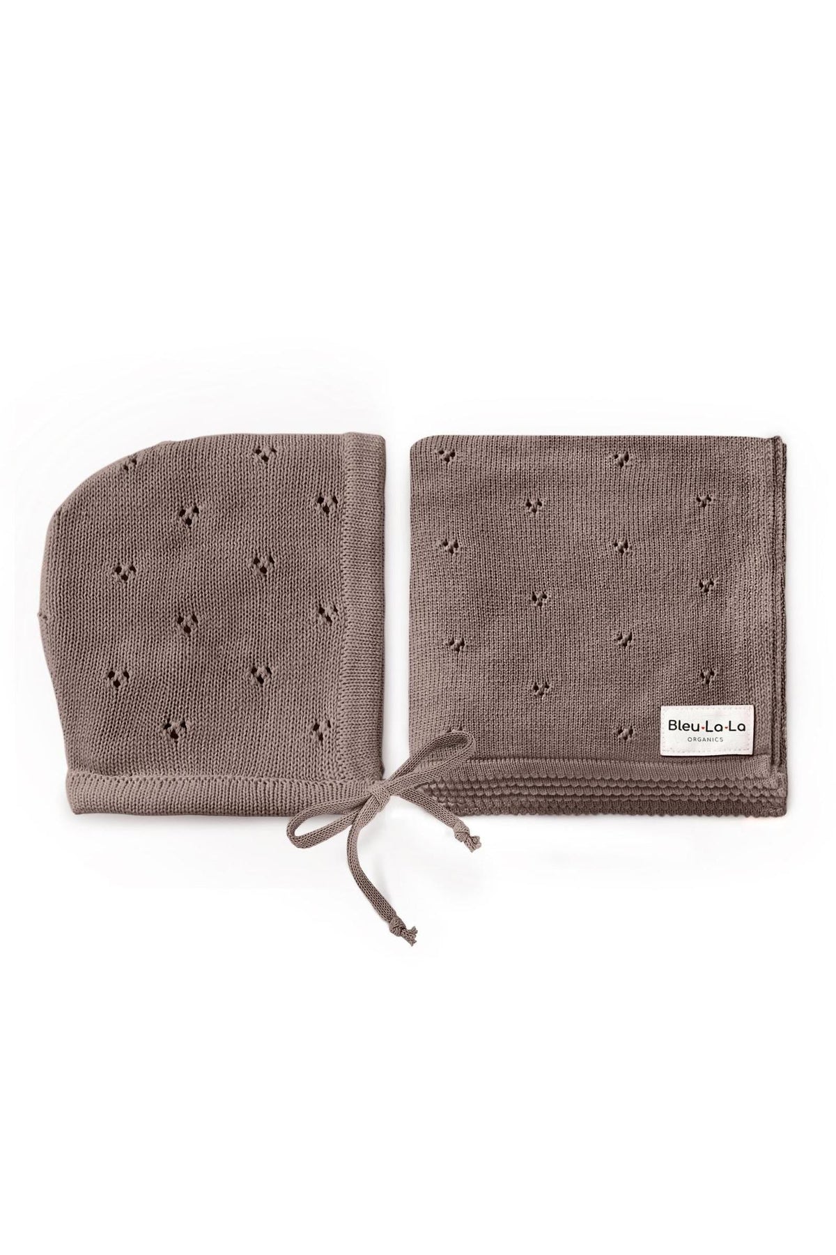 Brown organic cotton pointelle swaddle blanket and hat set by Bleu-La-La, featuring a delicate knit pattern.