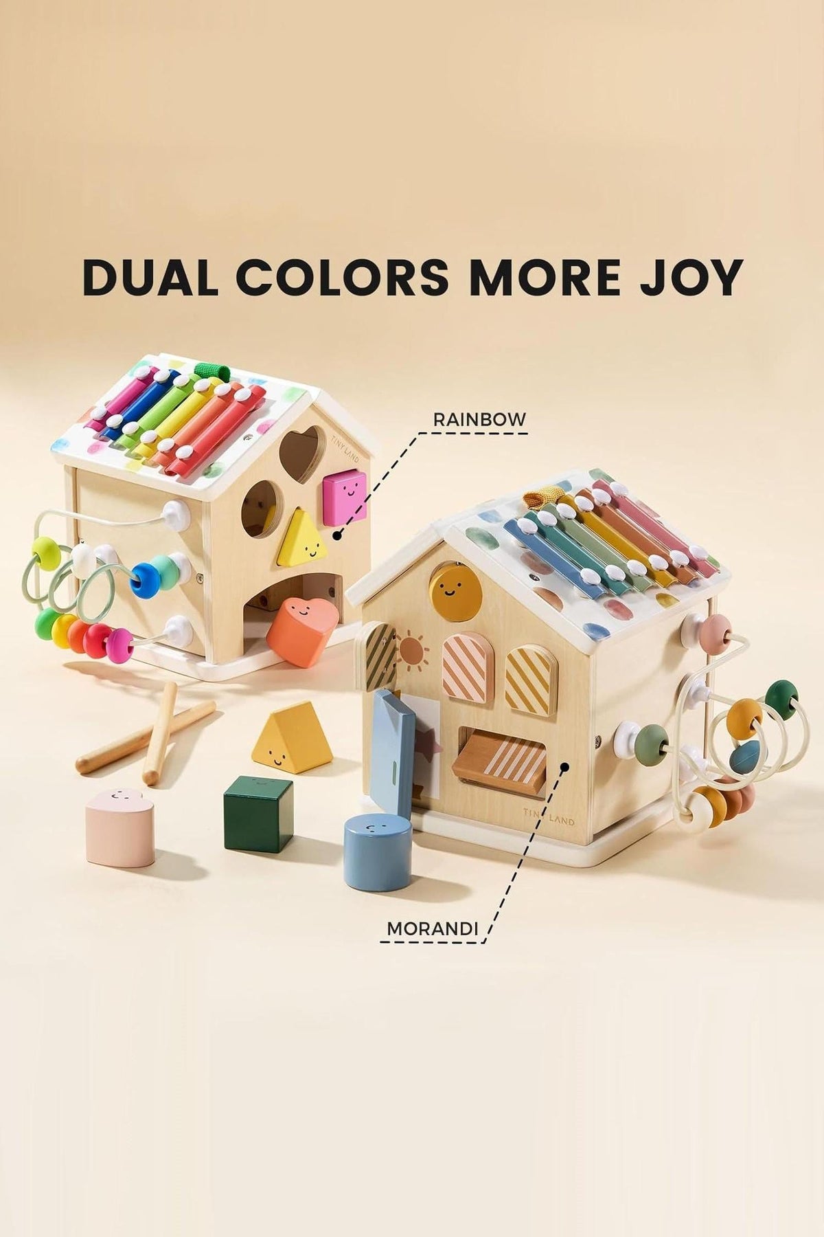 Colorful wooden activity cubes feature interactive elements in dual colors, designed for toddlers to encourage exploration and sensory play.