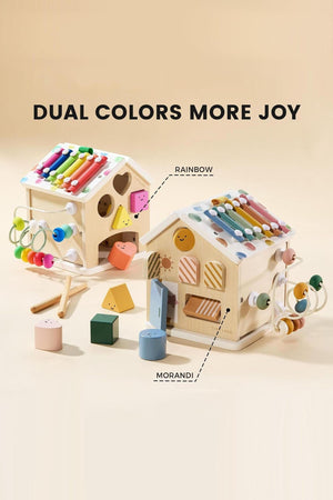 Colorful wooden activity cubes feature interactive elements in dual colors, designed for toddlers to encourage exploration and sensory play.