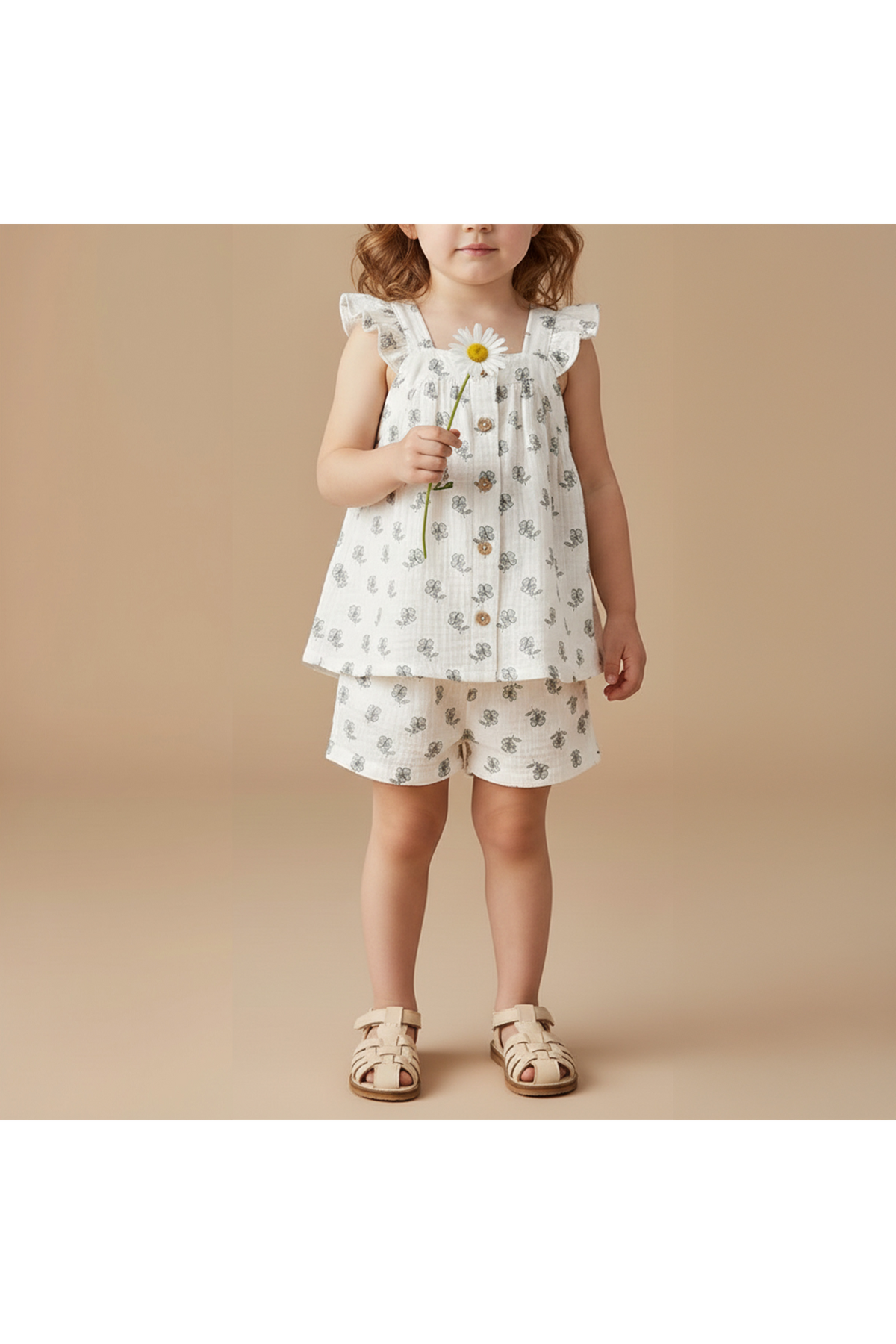 A young child stands against a beige background, wearing a white flutter top adorned with floral patterns and matching shorts. She holds a daisy, showcasing a playful summer style.