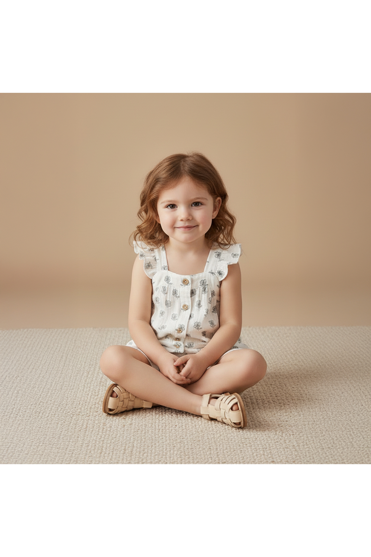 A young girl sits cross-legged on a beige rug, wearing a light-colored organic cotton outfit with floral patterns and ruffled sleeves. She smiles softly, showcasing a playful summer vibe.