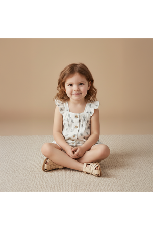 A young girl sits cross-legged on a beige rug, wearing a light-colored organic cotton outfit with floral patterns and ruffled sleeves. She smiles softly, showcasing a playful summer vibe.