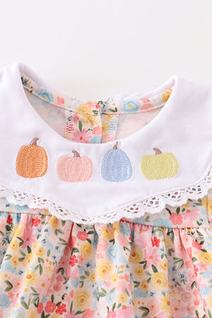 Baby Girl Floral Pumpkin Embroidered Bubble with White Lace Collard  | Cotton