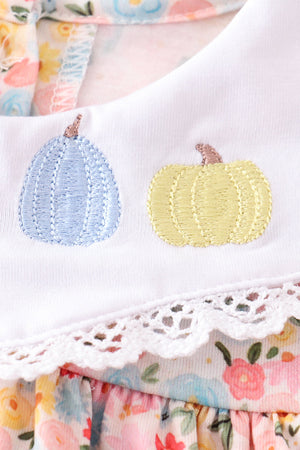 Baby Girl Floral Pumpkin Embroidered Bubble with White Lace Collard  | Cotton