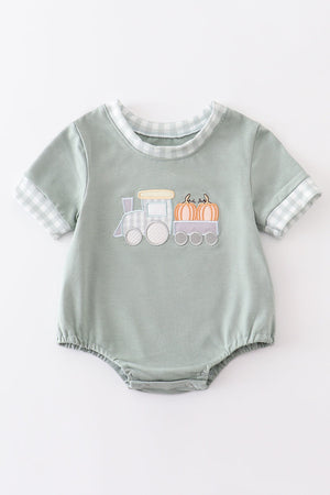 Baby Boy Sage Train Pumpkin Applique Bubble  | Cotton