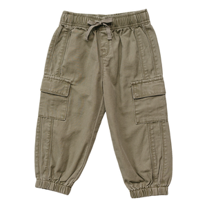 Light olive green cargo pants made from soft cotton feature an elastic waistband and cuffs, with side pockets for added functionality. Ideal for casual wear and everyday adventures.