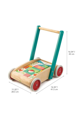 A wooden baby walker features a sturdy turquoise handle, red wheels, and a flat base holding colorful garden-themed blocks. This eco-friendly toy is ideal for toddlers learning to walk.