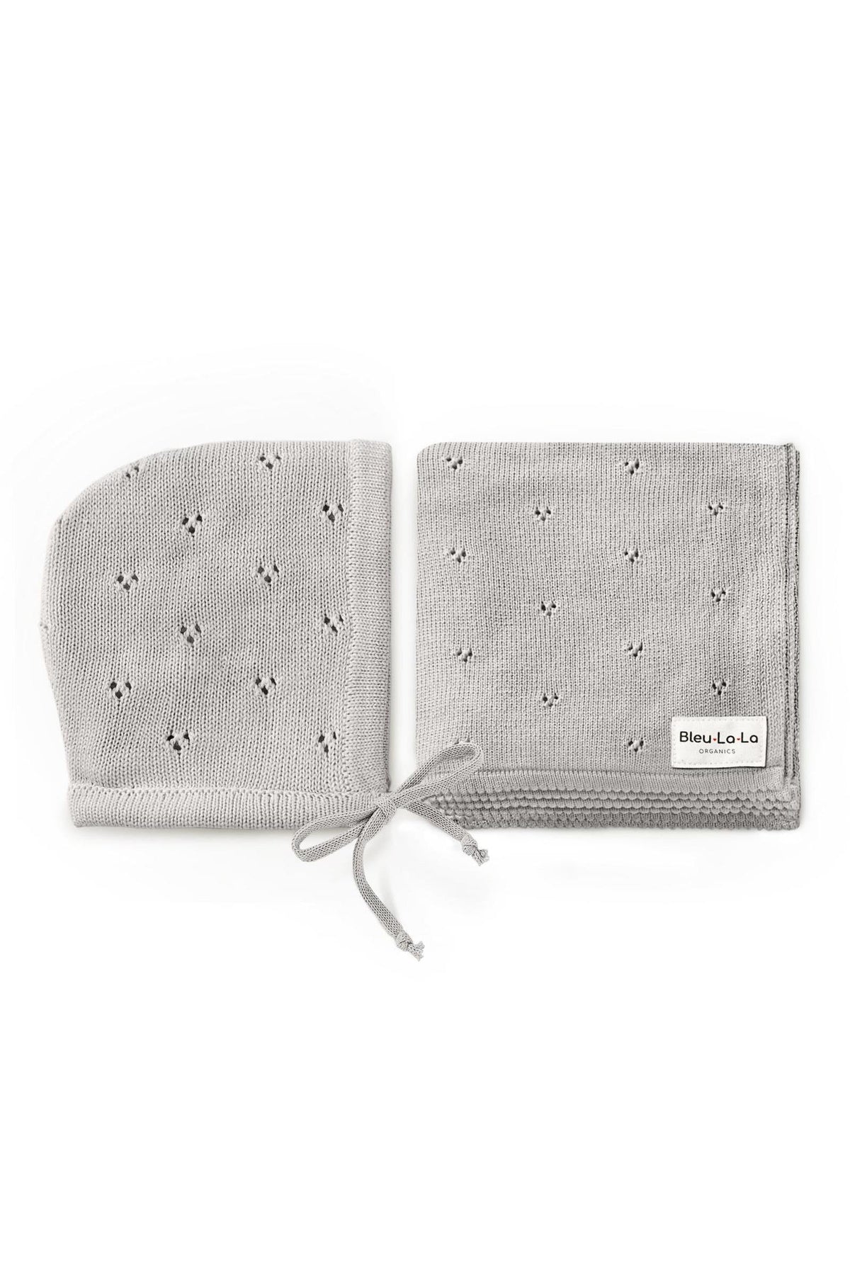 Gray organic cotton pointelle swaddle blanket and hat set with delicate patterns, labeled Bleu La-La Organics.