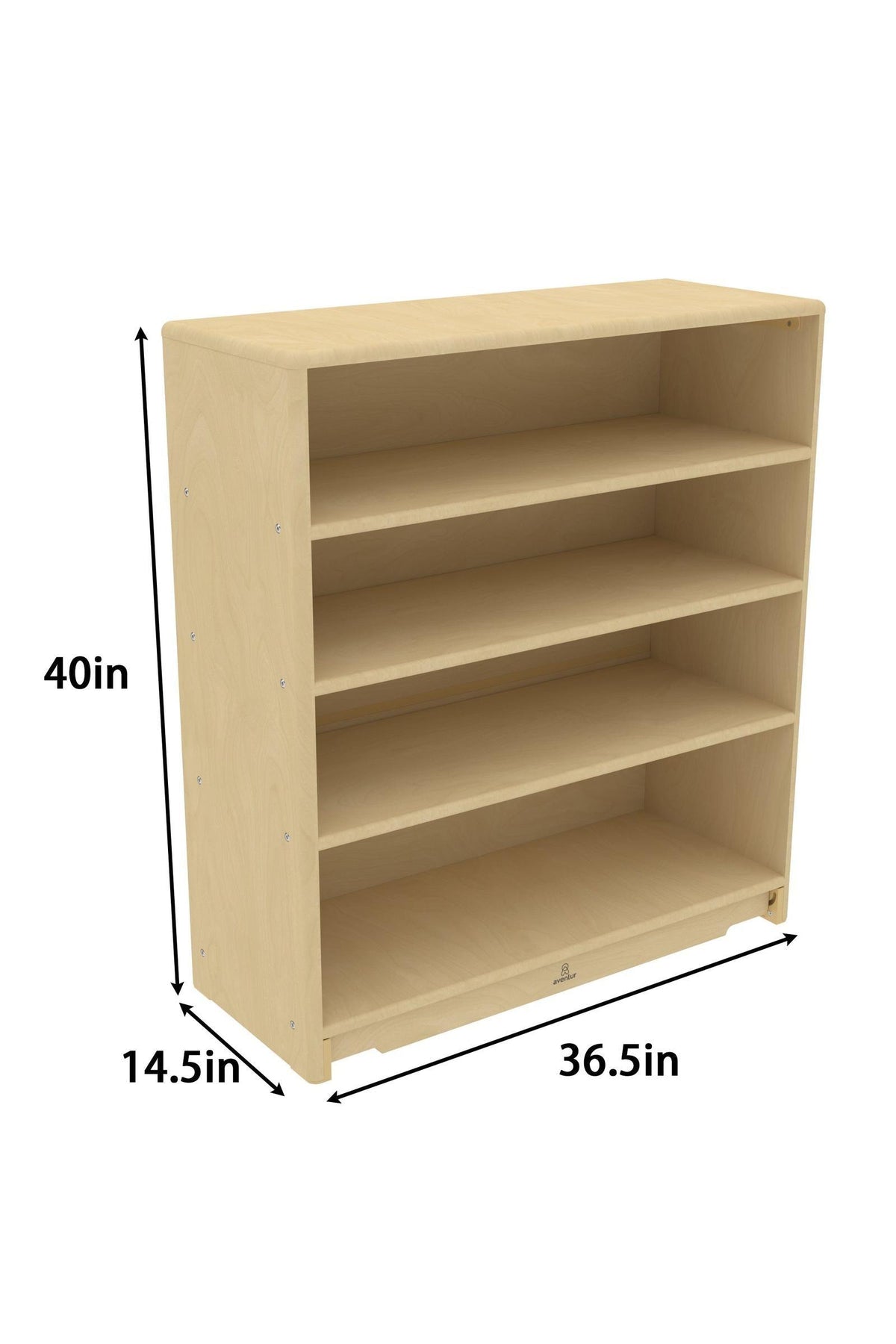A natural wood Montessori toy and book organizer shelf features four spacious open shelves, measuring 40 inches tall, 36.5 inches wide, and 14.5 inches deep, ideal for childrens rooms.