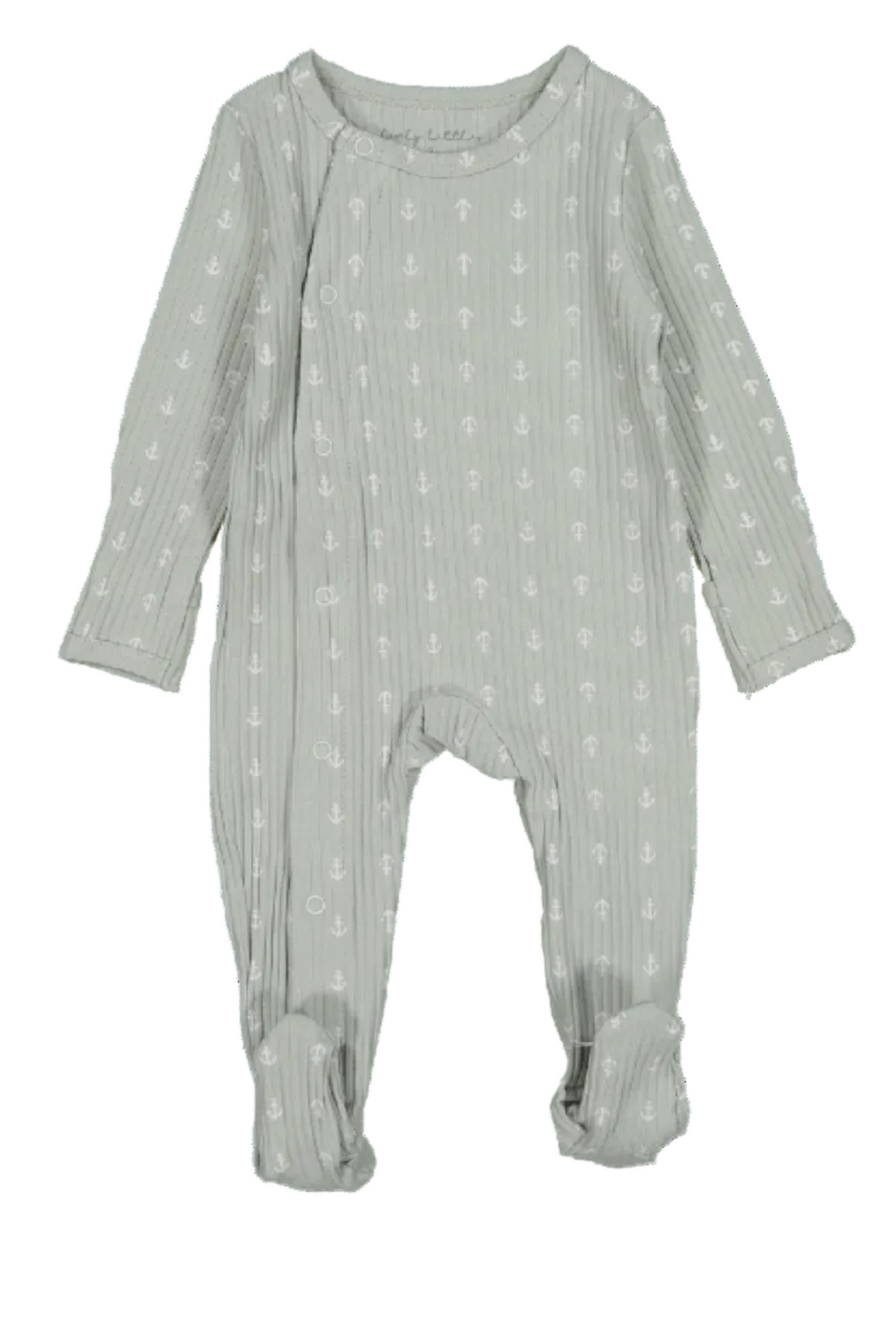 Light green cotton romper with a ribbed texture and white anchor print, featuring long sleeves and mitten cuffs. Ideal for infants aged 0-3 months, offering comfort and easy changing.