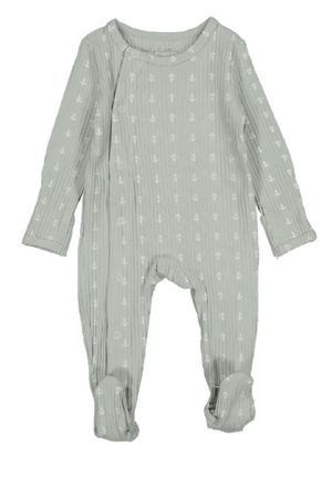 Light green cotton romper with a ribbed texture and white anchor print, featuring long sleeves and mitten cuffs. Ideal for infants aged 0-3 months, offering comfort and easy changing.