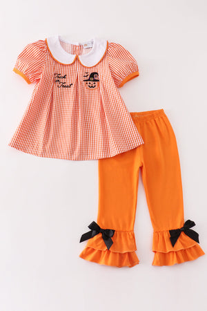 Abby's Orange Plaid Halloween Embroidered | 2 Piece Girl Set  | 100% Cotton