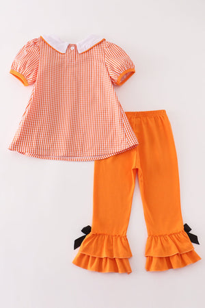 Abby's Orange Plaid Halloween Embroidered | 2 Piece Girl Set  | 100% Cotton