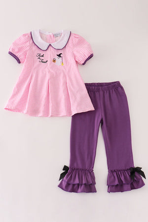 Evie's Pink Plaid Halloween Embroidered | 2 Piece Girl Set  | 100% Cotton