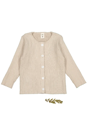 Cream ribbed cotton cardigan featuring a button-down front and long sleeves. Made from sustainable material, this cozy piece is perfect for babies and kids, offering comfort and style.