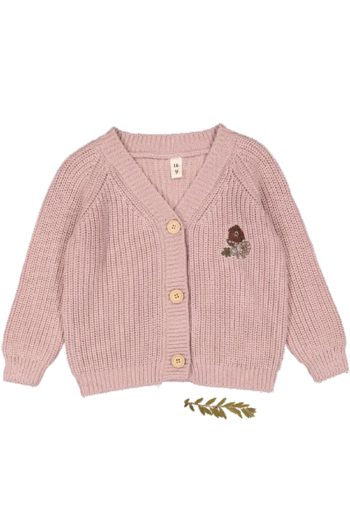 Ava Mauve Chunky Knit Cardigan features a soft pink hue with a textured knit design, adorned with an embroidered flower.