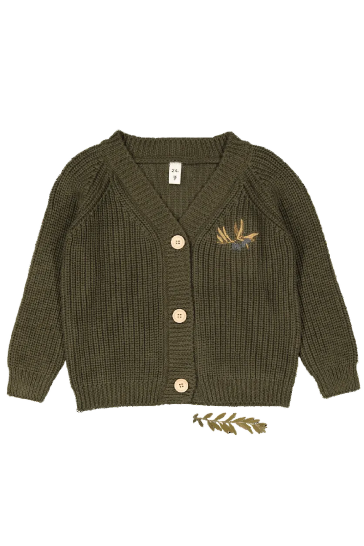 Chunky knit cardigan in olive green with wooden buttons and an embroidered branch detail. Made from 100% cotton, its perfect for toddlers and kids seeking comfort and style.