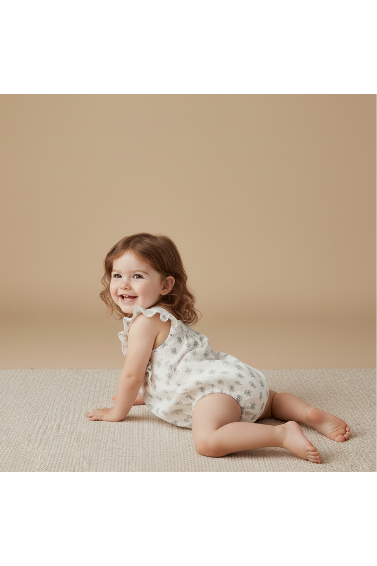 A smiling toddler crawls on a soft, neutral-toned surface, wearing a sleeveless, organic cotton romper with a whimsical floral pattern. The romper features ruffles and snap closures for easy wear.
