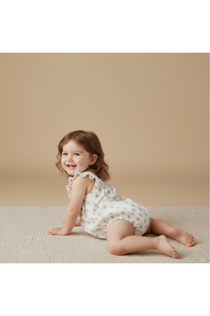 A smiling toddler crawls on a soft, neutral-toned surface, wearing a sleeveless, organic cotton romper with a whimsical floral pattern. The romper features ruffles and snap closures for easy wear.