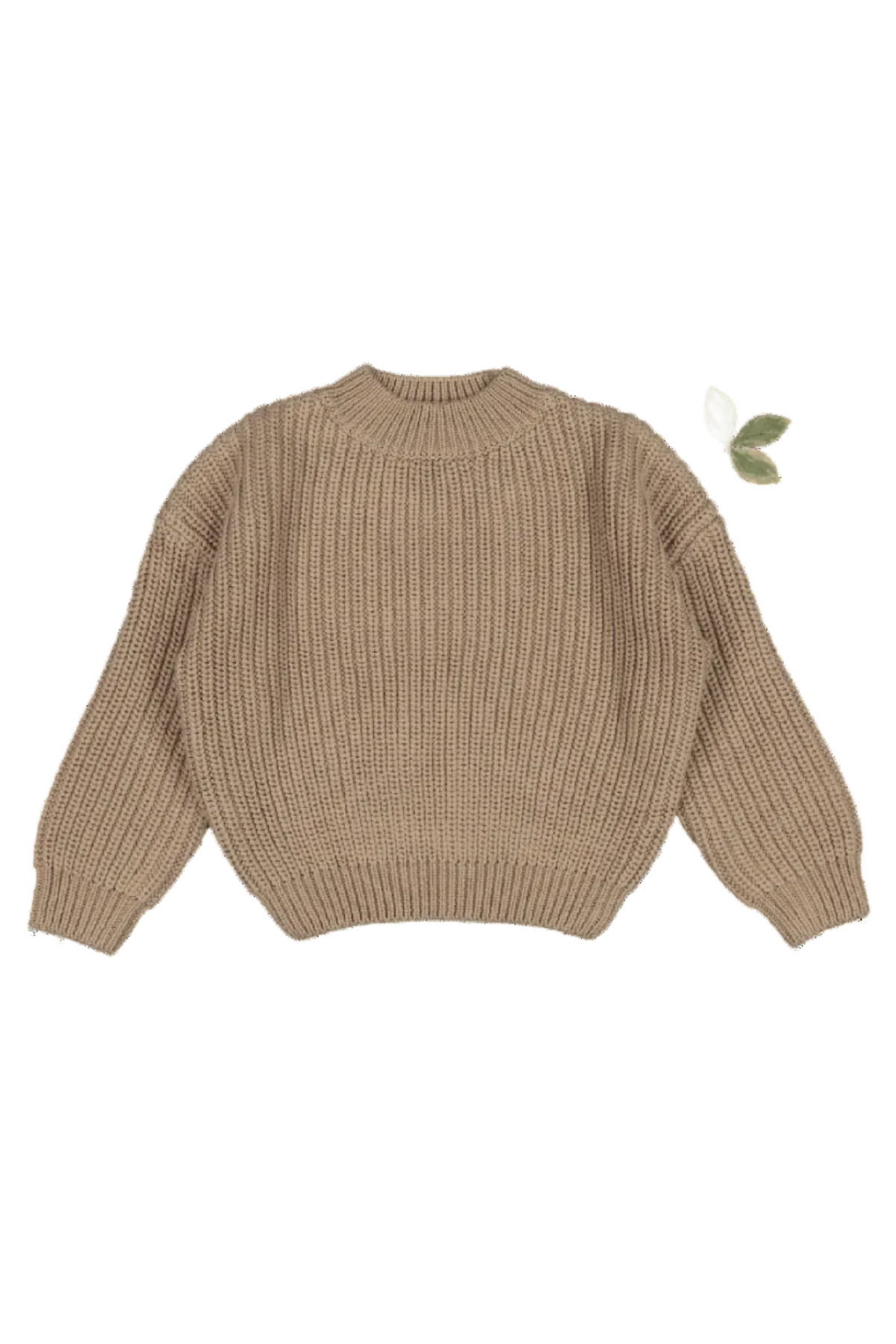 A chunky knit sweater in a warm beige color, made from 100% cotton, features a relaxed fit and ribbed texture. It is ideal for baby and kids in cooler weather.