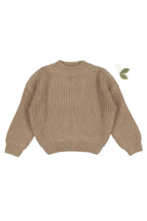 A chunky knit sweater in a warm beige color, made from 100% cotton, features a relaxed fit and ribbed texture. It is ideal for baby and kids in cooler weather.