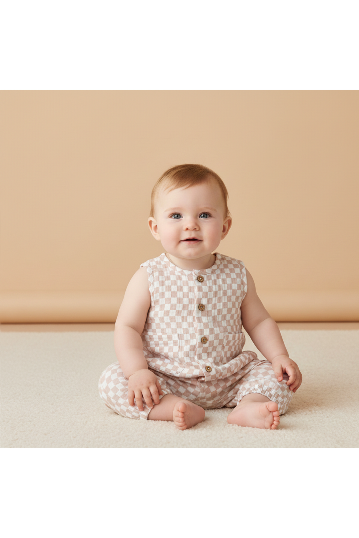 A smiling baby sits on a soft surface, wearing a light brick-check patterned organic cotton jumpsuit with wooden buttons. The background is a warm, neutral tone, enhancing the outfits charm.