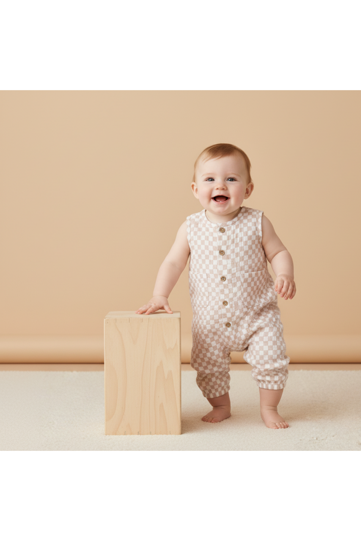 A smiling baby stands next to a wooden block, wearing a soft, organic cotton jumpsuit in a light brick check pattern with wooden buttons, set against a neutral backdrop.