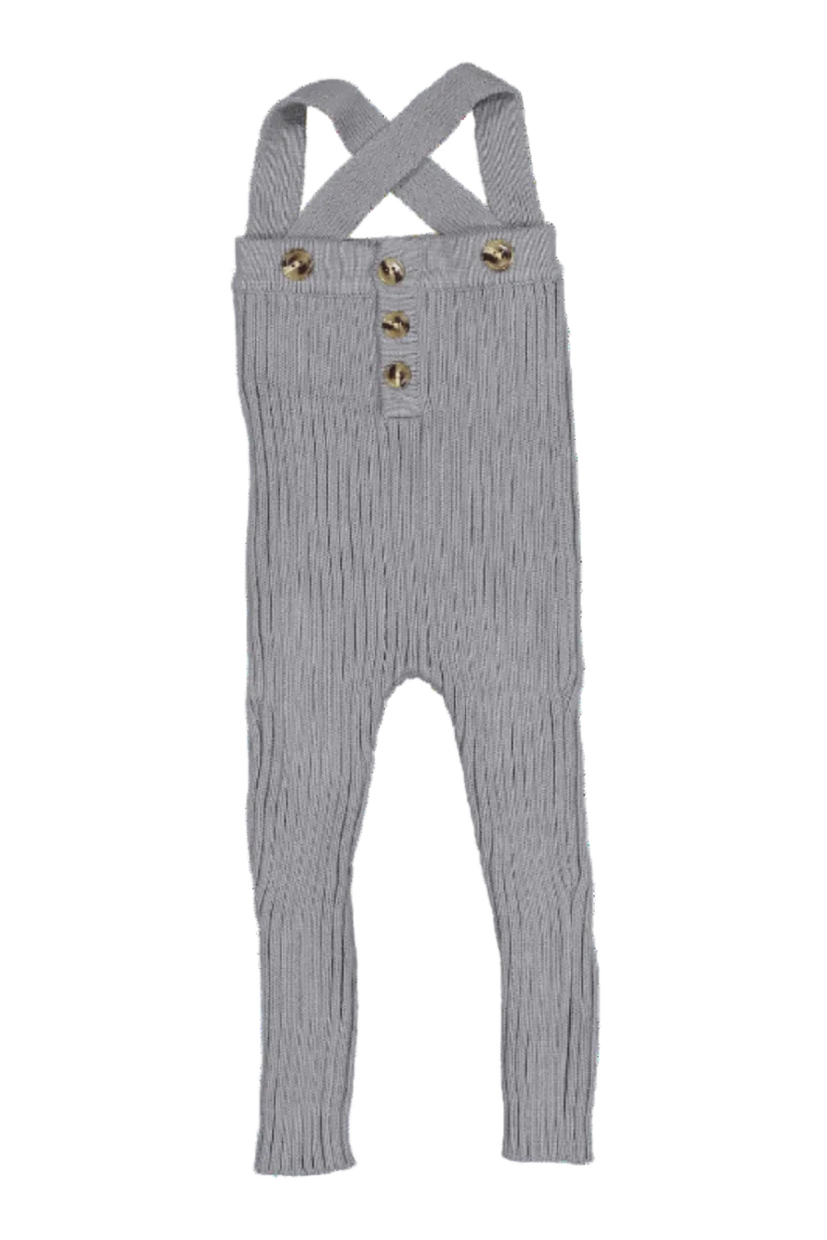 A cozy slate knit cotton overall features adjustable crisscross straps and button accents, perfect for babies and toddlers. The soft fabric ensures comfort for little ones throughout the day.