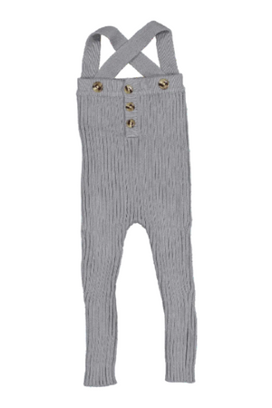 A cozy slate knit cotton overall features adjustable crisscross straps and button accents, perfect for babies and toddlers. The soft fabric ensures comfort for little ones throughout the day.