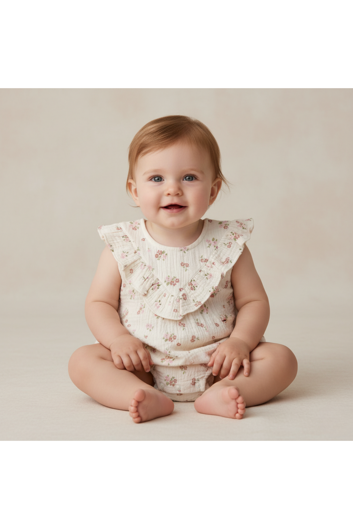 A smiling baby sits on a soft, neutral background, wearing a blush floral sleeveless ruffle bubble romper made from organic cotton. The romper features delicate ruffles and a comfortable fit.