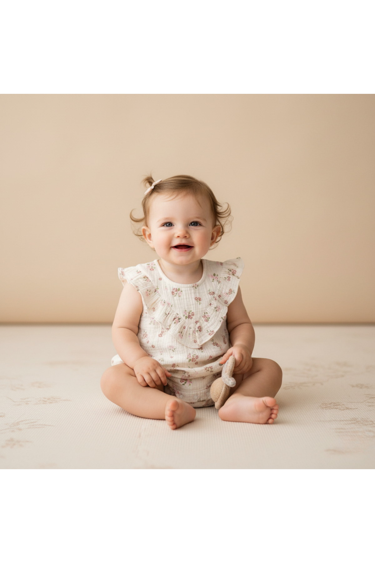 A smiling baby sits on a soft surface, wearing a floral-patterned sleeveless romper with ruffles. The romper features a light color palette and is made from organic materials, emphasizing comfort.