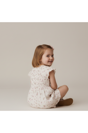 A young girl sits on the floor, smiling over her shoulder, wearing a soft, organic cotton jumpsuit with a blush floral pattern and delicate smocking details.